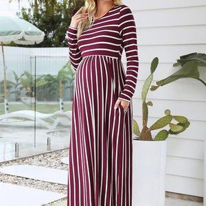 Xpenyo Maternity Casual Empire Waist Maxi Dresses with Pockets, Size Large